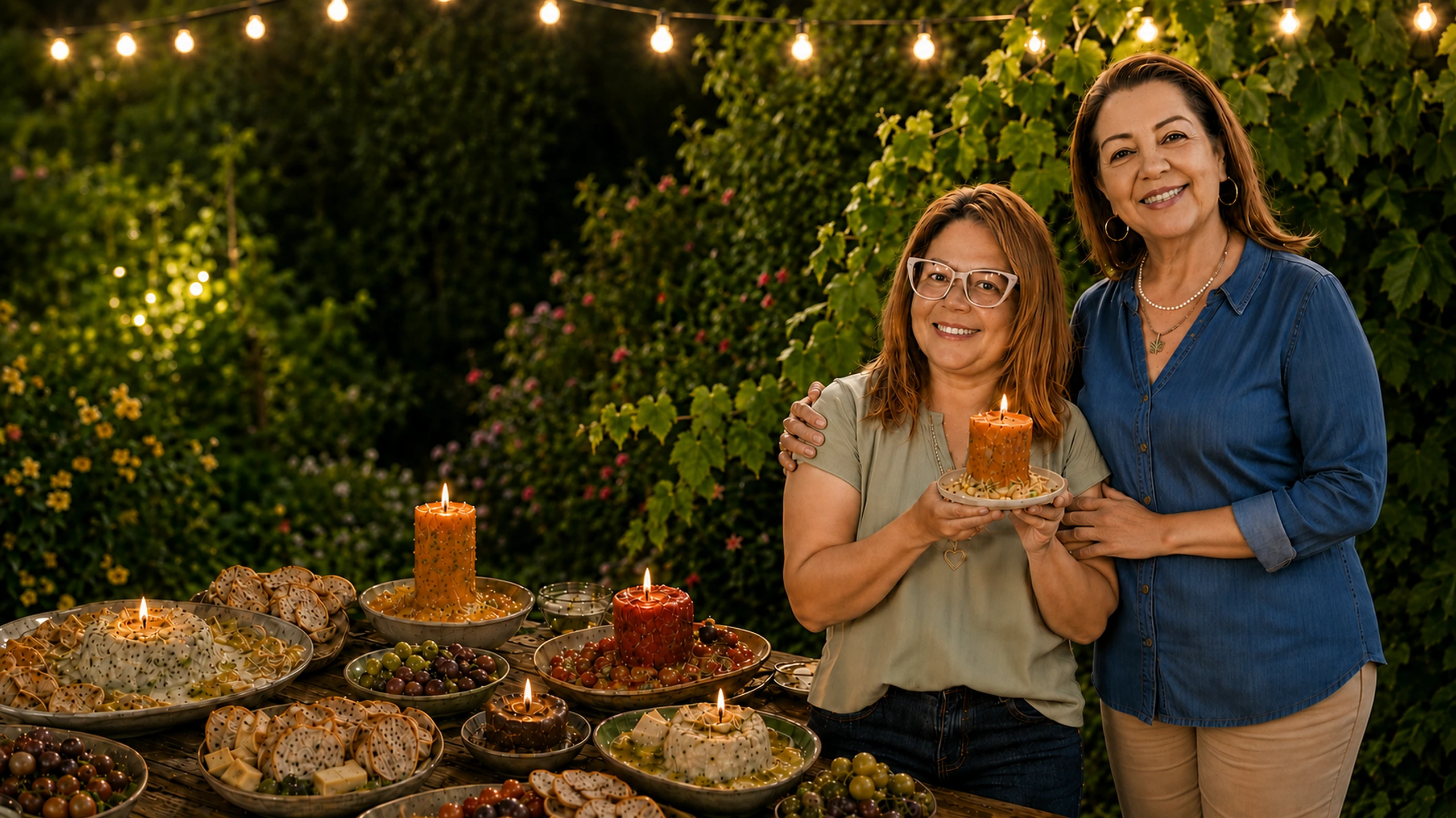 Anita and her mother Elizabeth smiling beside a garden party table filled with lit edible candles.